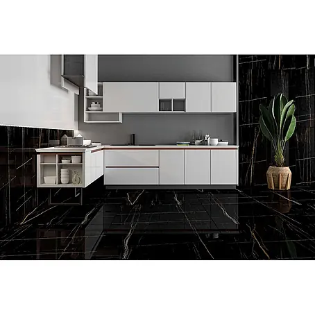 Feinsteinzeugfliese ELEGANCE BLACK – 60 x 120 cm, Marmoroptik, Brillant