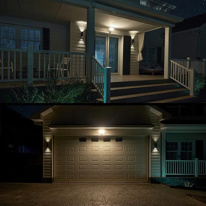 Philips Hue Kamera Flutlicht Secure - Schwarz - Außenleuchten erhellen nachts die Veranda, Treppe und Garagentür eines Hauses, für bessere Sicht und Atmosphäre.
