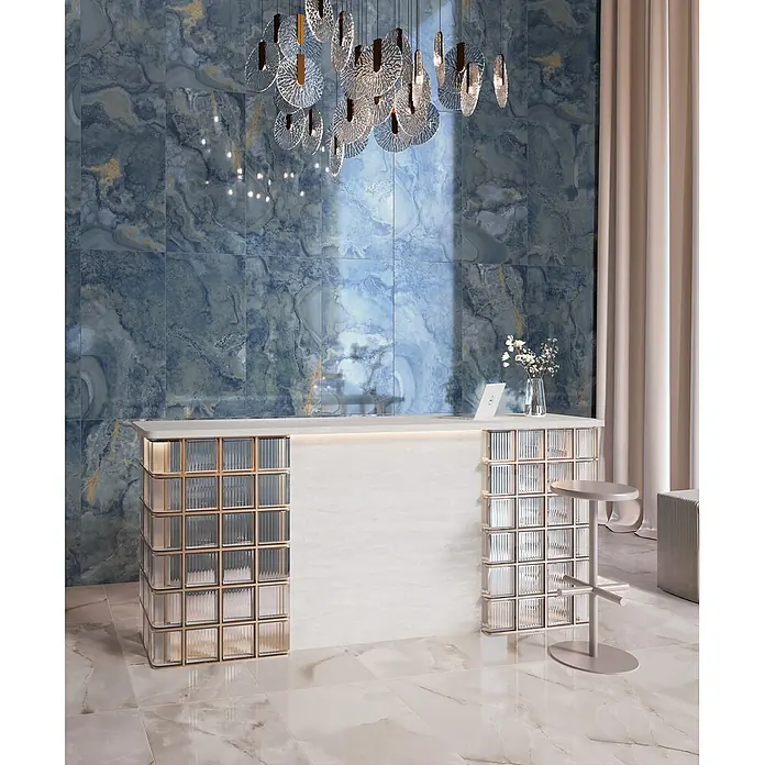Feinsteinzeugfliese ONI POLISHED BLUE – 60 x 120 cm, Marmoroptik, Brillant - 