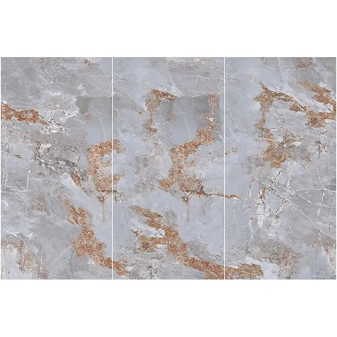 Feinsteinzeugfliese MARMO METALLO – 60 x 120 cm, Marmor-Metalloptik, Matt -  - Graue Marmor-Optik-Fliesen mit ausgeprägten rötlich-braunen und weißen Adern, geeignet für Wände oder Böden.