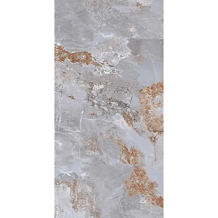 Feinsteinzeugfliese MARMO METALLO – 60 x 120 cm, Marmor-Metalloptik, Matt -  - Graue Marmorfliese mit rostorangen und weißen Adern, ideal für elegante Oberflächen.