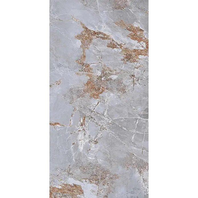 Feinsteinzeugfliese MARMO METALLO – 60 x 120 cm, Marmor-Metalloptik, Matt -  - Graue Marmorfliese mit auffälliger rotbrauner und weißer Maserung, die Naturstein ähnelt.