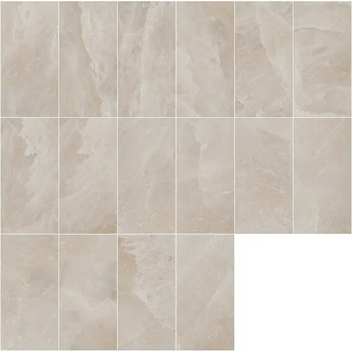 Feinsteinzeugfliese SALT CAVE ALMOND – 60 x 120 cm, Steinoptik, Matt -  - Helle beige/cremefarbene Fliesen in Marmoroptik, in einem Raster angeordnet, mit natürlicher Maserung und Textur.