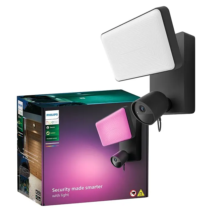 Philips Hue Kamera Flutlicht Secure - Schwarz - Schwarze Philips Hue Flutlichtkamera mit weißen und violetten Lichtpaneelen, neben der Produktverpackung.