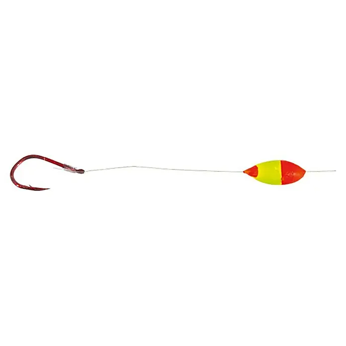 Westline Forellenvorfach - Gelb/Rot, Länge: 170 cm, Pilot - Ein roter Angelhaken und ein gelb-roter Schwimmer an einer transparenten Angelschnur.