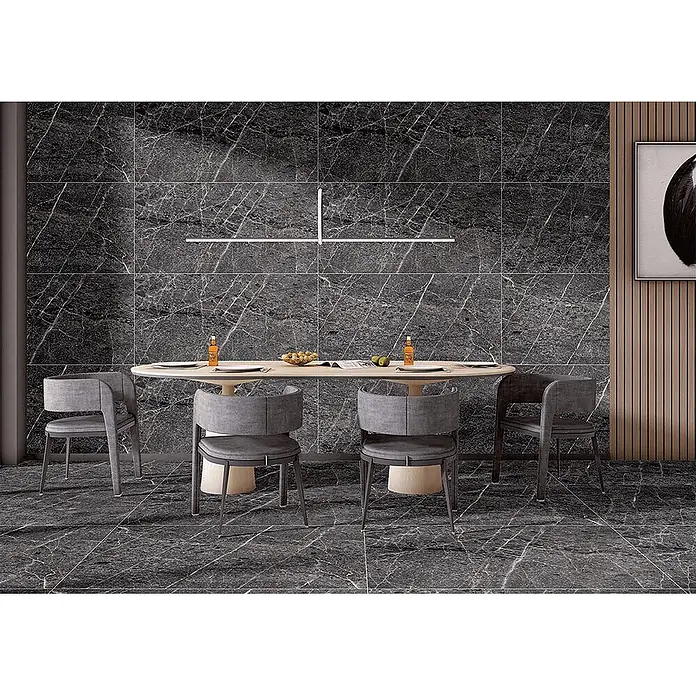 Feinsteinzeugfliese TESSINO BLACK – 60 x 120 cm, Marmoroptik, Matt - 