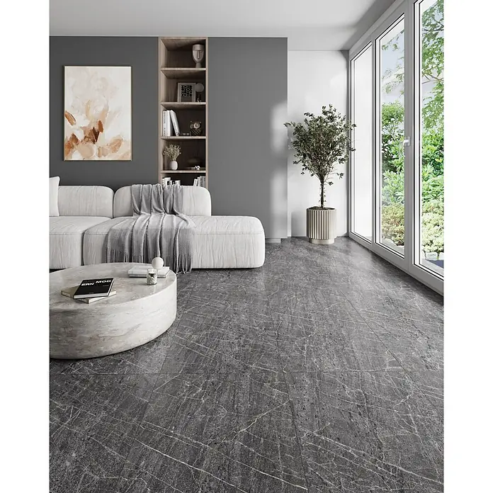 Feinsteinzeugfliese TESSINO BLACK – 60 x 120 cm, Marmoroptik, Matt - 
