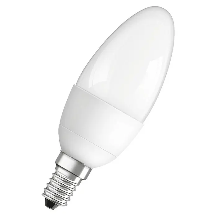 Osram Bombilla LED Superstar Classic B - E14, Intensidad regulable, Blanco cálido, 470 lm, 6 W - Primer plano de una bombilla LED blanca en forma de vela con base E14, ideal para crear ambiente con eficiencia energética.