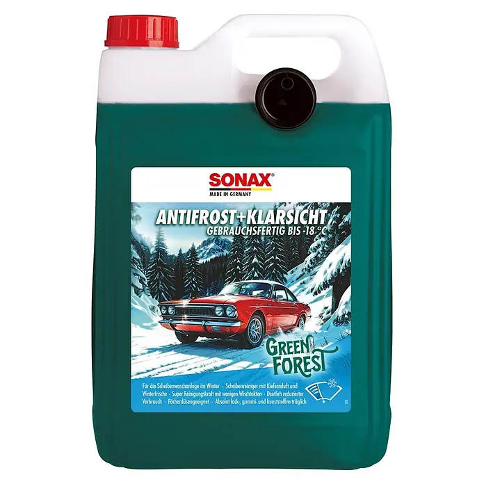Sonax Scheibenfrostschutz-Mittel Antifrost & Klarsicht Green Forest - 5 l, Fertiggemisch - Grüner Sonax Antifrost+Klarsicht Scheibenwaschmittel-Kanister mit rotem Deckel und schwarzem Trichter, gebrauchsfertig bis -18°C.