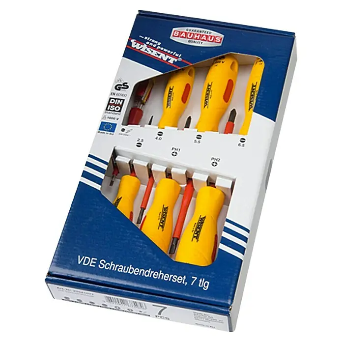 Wisent Schraubendreher-Set - Geeignet für: Schlitz und Kreuzschlitz PH, 7 -tlg. - Das Bild zeigt ein VDE Schraubendreherset von Wisent, bestehend aus 7 Teilen, verpackt in einer blauen Bauhaus-Box.