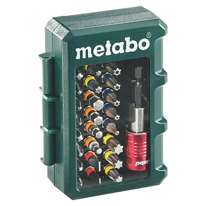 Metabo Promotion Bit-Box SP - 32 -tlg. - Metabo Bit Box mit verschiedenen Bits und einem Bithalter. Die Box ist grün und hat das Metabo Logo.