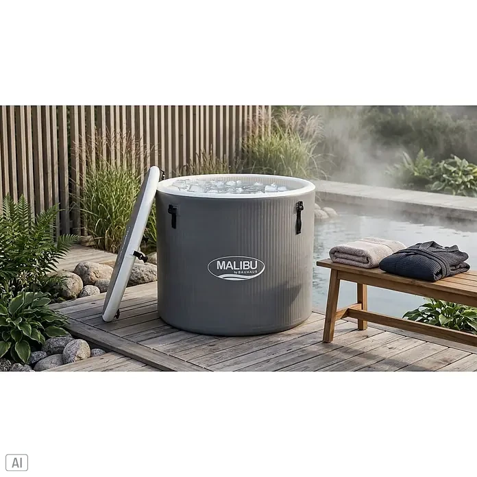 Malibu Eistonne - L x B x H: 90 x 90 x 75 cm - Graue, aufblasbare Eiswanne gefüllt mit Eis und Wasser, auf einem Holzdeck mit angelehnter Abdeckung, neben einem Pool.