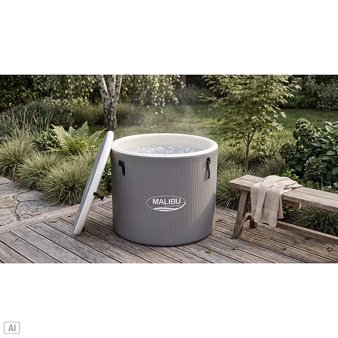 Malibu Eistonne - L x B x H: 90 x 90 x 75 cm - Graues aufblasbares MALIBU Eisbad, gefüllt mit Eis, Deckel offen, auf Holzterrasse neben Bank mit Handtuch.