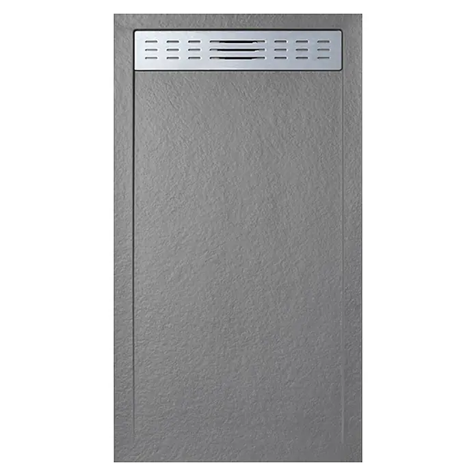 Frascio Duschwanne 90x130 cm Grau Vulcano Line Slim -  - Graue, strukturierte Duschwanne mit linearem Metallablauf oben.