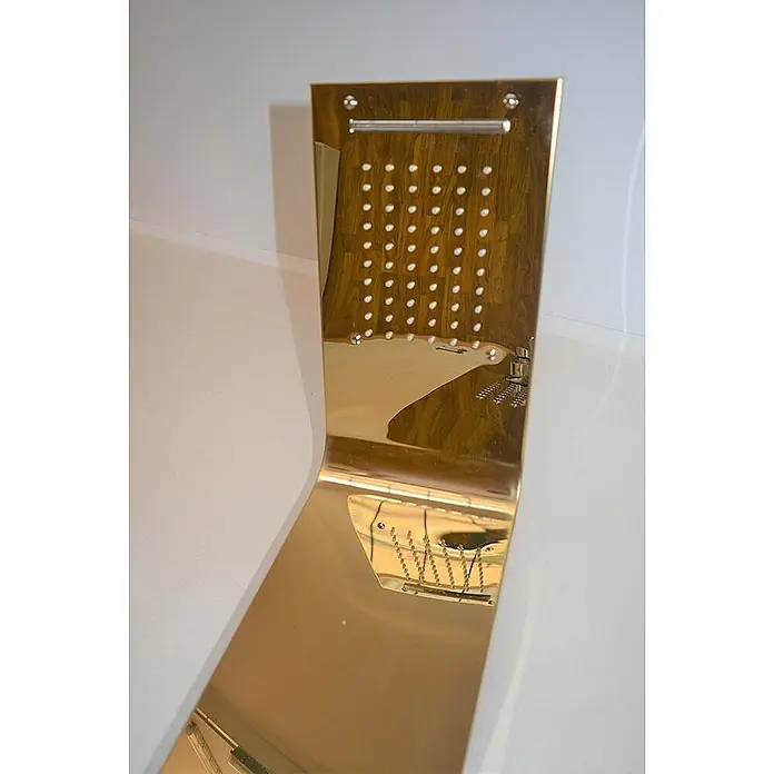 Frascio Fra9010 Duschpaneel Hydromassage Edelstahl 18/10 Gold -  - Polierter Messingstuhl mit geschwungener Form und perforierter holzartiger Rückenlehne.