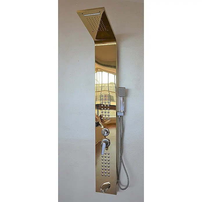 Frascio Fra9010 Duschpaneel Hydromassage Edelstahl 18/10 Gold -  - Goldfarbenes, spiegelndes Duschpaneel mit Kopfbrause, Massagedüsen, Handbrause und Bedienhebeln.