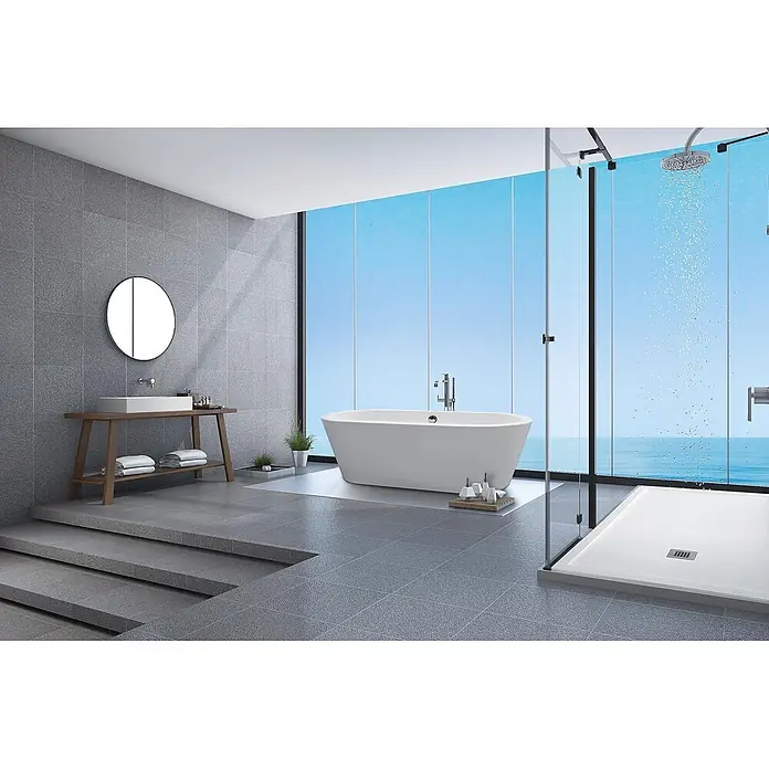 Frascio Duschwanne 120x90 cm Perlgrau Vulcano Line MAX -  - Modernes Badezimmer mit freistehender weißer Badewanne, begehbarer Dusche und Waschtisch mit weißem Waschbecken, Meerblick.