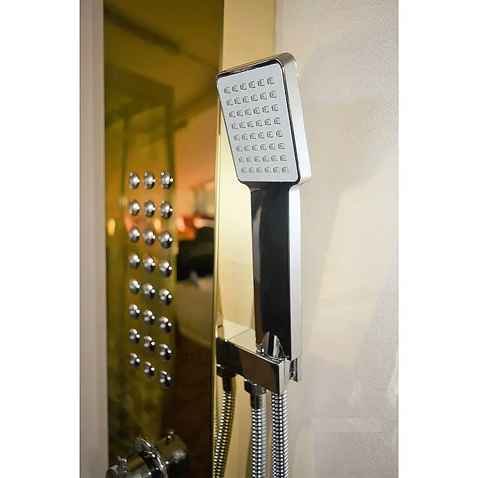 Frascio Fra9010 Duschpaneel Hydromassage Edelstahl 18/10 Gold -  - Modernes Duschsystem mit Chrom-Handbrause und goldener Platte mit Massagedüsen.
