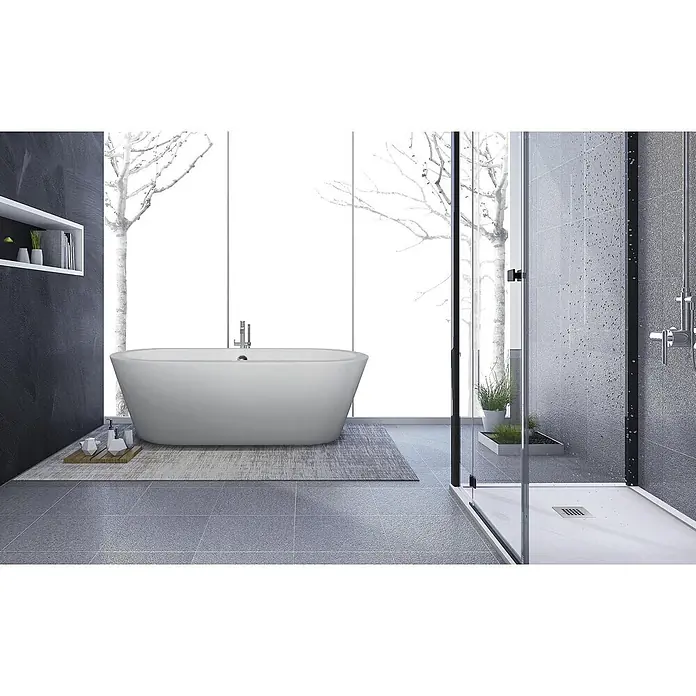 Frascio Duschwanne 120x90 cm Perlgrau Vulcano Line MAX -  - Moderne, weiße freistehende Badewanne und eine verglaste Duschkabine in einem eleganten Badezimmer.