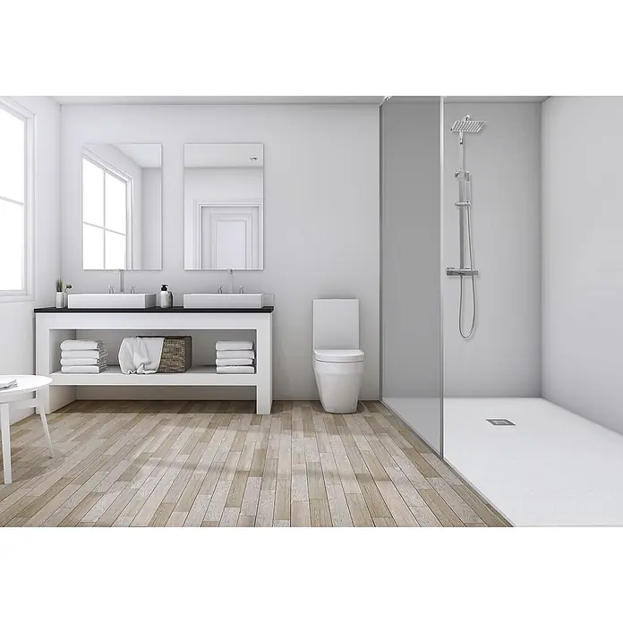 Frascio Duschwanne 75x190 cm Schwarz Serie Vulcano -  - Modernes Badezimmer mit Doppelwaschtisch, Toilette und begehbarer Dusche.