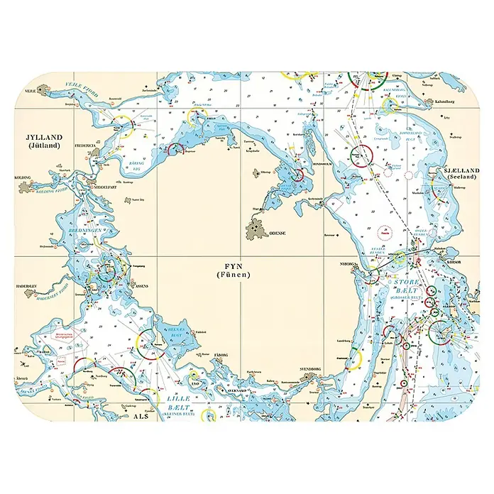 Navyline Tisch-Set - L x B: 40 x 30 cm, Fünen - Seekarte von Jylland, Fünen und Seeland mit geografischen Details, Tiefenangaben und Navigationshinweisen für die Schifffahrt.
