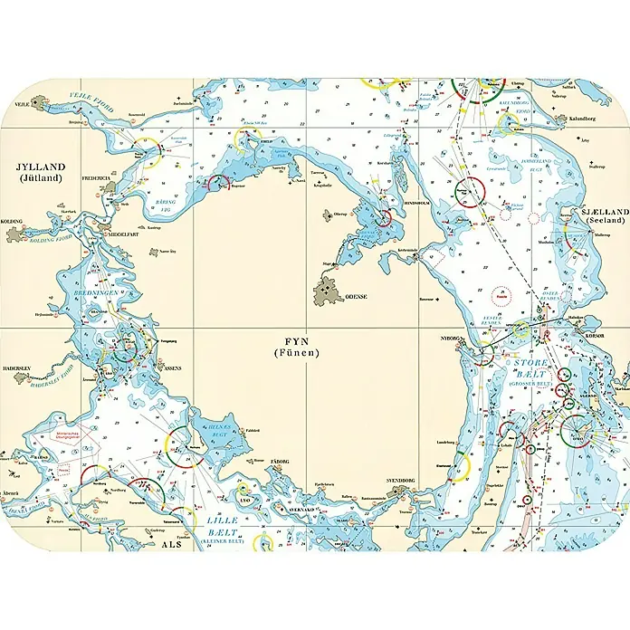 Navyline Tisch-Set - L x B: 40 x 30 cm, Fünen - Seekarte von Jylland, Fünen und Seeland mit geografischen Details, Tiefenangaben und Navigationshinweisen für die Schifffahrt.