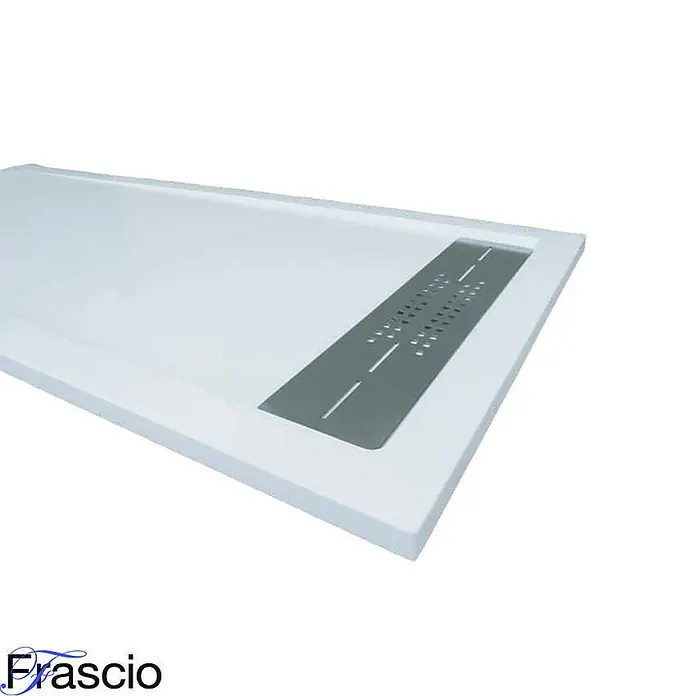 Frascio Duschwanne 90x130 cm Weiß Vulcano Line Slim -  - Weiße Duschwanne mit integriertem linearem Ablauf, abgedeckt mit einer dunkelgrauen Lochplatte.