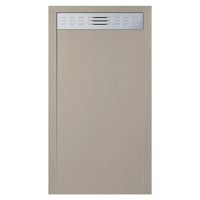 Frascio Duschwanne 90x100 cm Mokka Vulcano Line Slim -  - Beige Duschwanne mit strukturierter Oberfläche und linearem silbernem Ablauf.