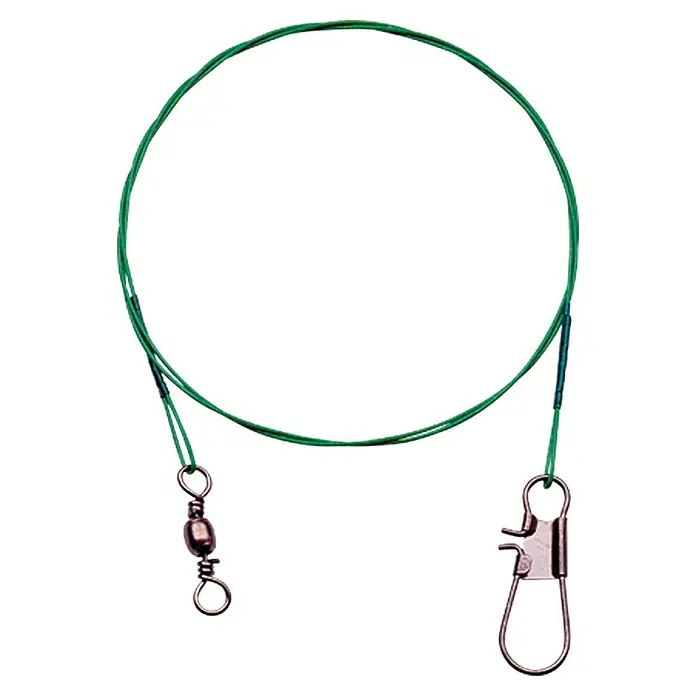 Westline Stahlvorfach - Länge: 50 cm, Tragkraft: 9 kg, Schlaufe mit 2 Wirbeln - Nahaufnahme einer grünen Angelschnur mit Wirbel und Karabinerhaken, ideal für Angelausflüge.