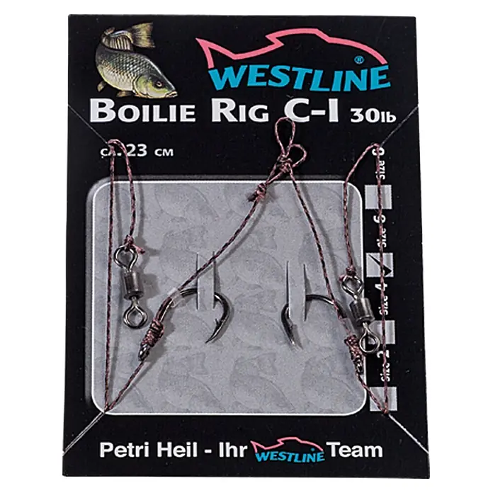 Westline Boilie Rig C-I - Größe: 6, Mit Widerhaken, Länge: 23 cm, 2 Stk. - Westline Boilie Rig C-I 30lb Angelset mit zwei Angelhaken, ideal für den Karpfenfang, präsentiert auf einer schwarzen Verpackung.