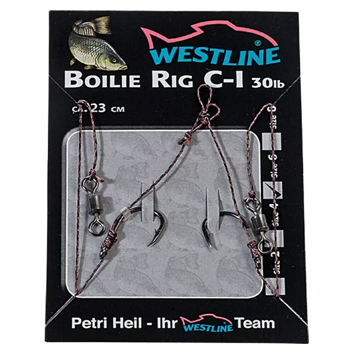 Westline Boilie Rig C-I - Größe: 6, Mit Widerhaken, Länge: 23 cm, 2 Stk. - Westline Boilie Rig C-I 30lb Angelset mit zwei Angelhaken, ideal für den Karpfenfang, präsentiert auf einer schwarzen Verpackung.