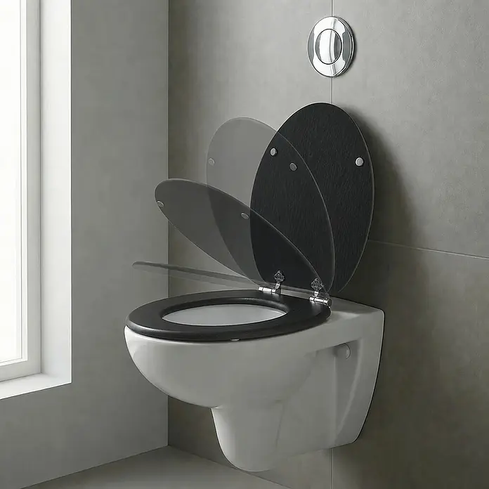 SAINOS WC-Sitz aus MDF, Schwarz Holzoptik, Universal-O-Form, Absenkautomatik - Soft-Close