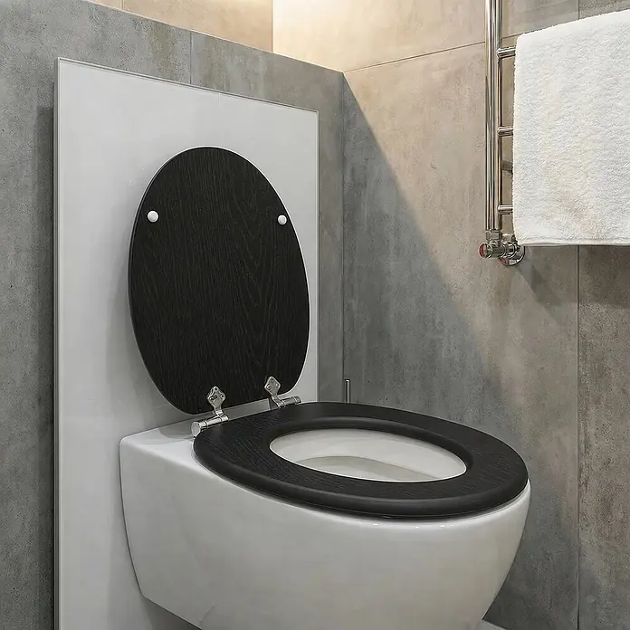 SAINOS WC-Sitz aus MDF, Schwarz Holzoptik, Universal-O-Form, Absenkautomatik - Soft-Close