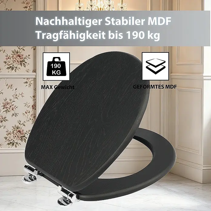 SAINOS WC-Sitz aus MDF, Schwarz Holzoptik, Universal-O-Form, Absenkautomatik - Soft-Close