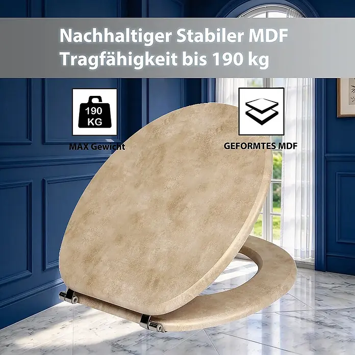 SAINOS WC-Sitz aus MDF, Beige mit Marmoroptik, Universal-O-Form, Absenkautomatik - Soft-Close