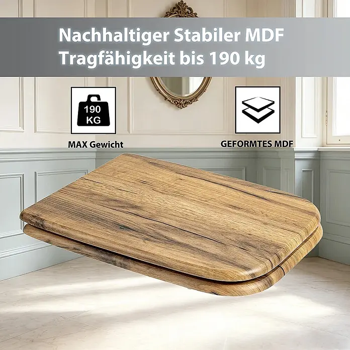 SAINOS WC-Sitz aus MDF, Braun Holzoptik, Universal-D-Form, Absenkautomatik - Soft-Close
