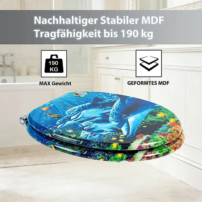 SAINOS WC-Sitz aus MDF, Blau Tiere, Universal-O-Form, Absenkautomatik - Soft-Close