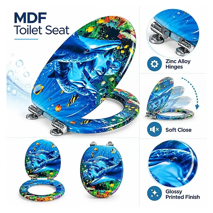 SAINOS WC-Sitz aus MDF, Blau Tiere, Universal-O-Form, Absenkautomatik - Soft-Close
