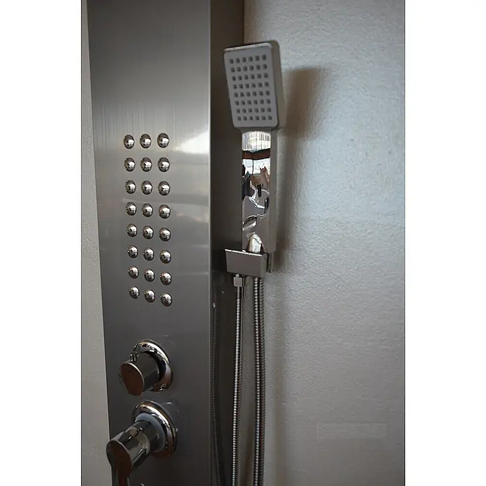 Frascio Fra9010 Duschpaneel Hydromassage Edelstahl 18/10 Satiniert -  - Modernes Duschpaneel aus Edelstahl mit integrierten Massagedüsen, Drehreglern und einer verchromten Handbrause.