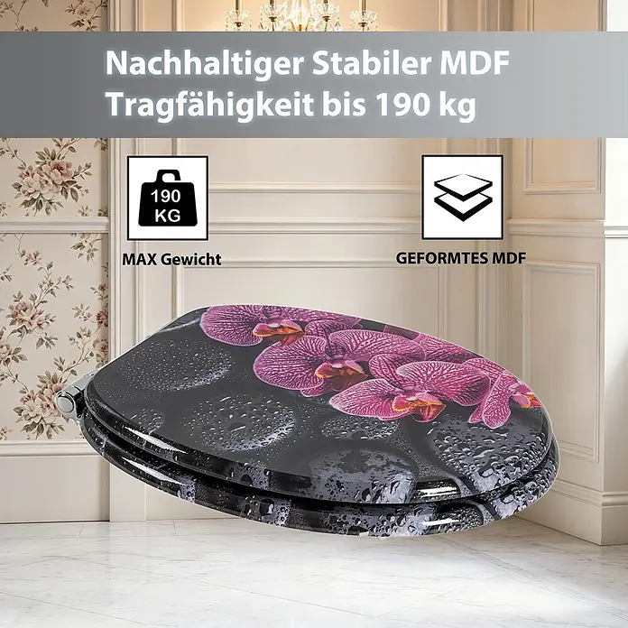 SAINOS WC-Sitz aus MDF, Blumen Zen Design, Universal-O-Form, Absenkautomatik - Soft-Close - Schwarzer WC-Sitz aus stabilem MDF mit pinkem Orchideen- und Wassertropfen-Design, tragfähig bis 190 kg.