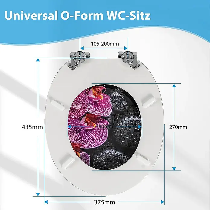 SAINOS WC-Sitz aus MDF, Blumen Zen Design, Universal-O-Form, Absenkautomatik - Soft-Close - Weißer WC-Sitz in O-Form mit Orchideen- und Steinmotiv und eingezeichneten Maßen.