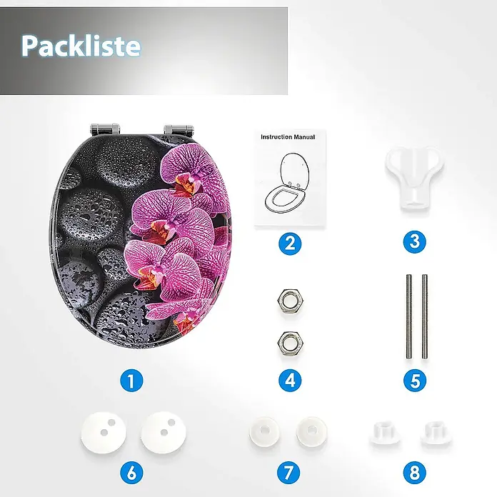 SAINOS WC-Sitz aus MDF, Blumen Zen Design, Universal-O-Form, Absenkautomatik - Soft-Close - Dekorativer Toilettensitz mit rosa Orchideen und Zubehör für die Montage.