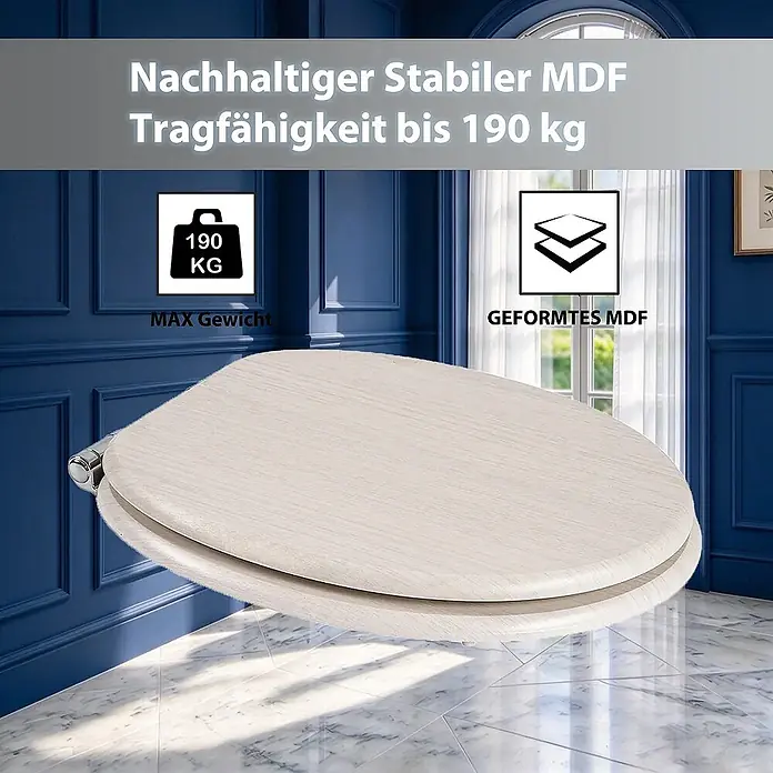 SAINOS WC-Sitz aus MDF, Beige Holzoptik, Universal-O-Form, Absenkautomatik - Soft-Close - Toilettensitz aus hellem MDF in Holzoptik, stabil mit 190 kg Tragfähigkeit.