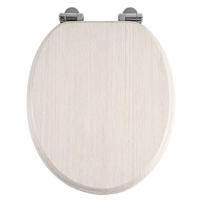 SAINOS WC-Sitz aus MDF, Beige Holzoptik, Universal-O-Form, Absenkautomatik - Soft-Close - Ovaler Toilettensitz in heller Holzoptik mit Chromscharnieren.