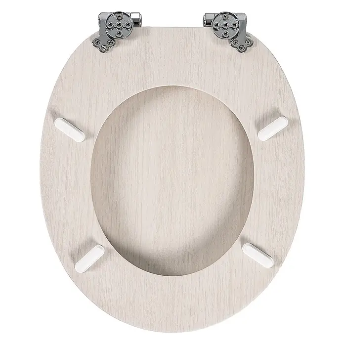 SAINOS WC-Sitz aus MDF, Beige Holzoptik, Universal-O-Form, Absenkautomatik - Soft-Close - Toilettensitz in heller Holzoptik mit Chromscharnieren und weißen Puffern.