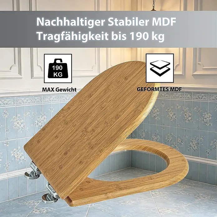 SAINOS WC-Sitz aus MDF, Braun Holzoptik, Universal-D-Form, Absenkautomatik - Soft-Close