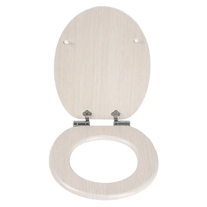 SAINOS WC-Sitz aus MDF, Beige Holzoptik, Universal-O-Form, Absenkautomatik - Soft-Close - Toilettensitz und -deckel in heller Holzoptik mit Chromscharnieren, geöffnet zur Ansicht beider Teile.