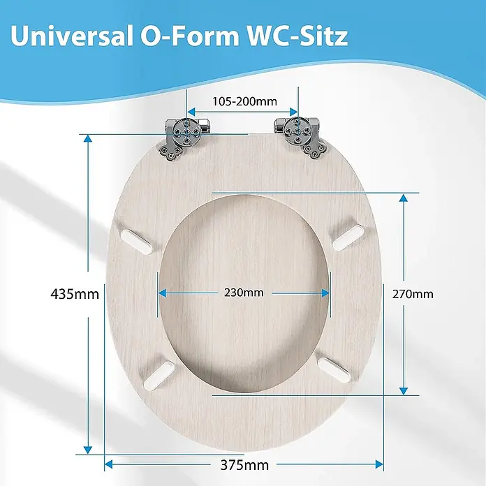 SAINOS WC-Sitz aus MDF, Beige Holzoptik, Universal-O-Form, Absenkautomatik - Soft-Close - Heller O-Form WC-Sitz aus Holz mit Maßen: 435x375mm außen, 230x270mm innen, 105-200mm Scharnierabstand.