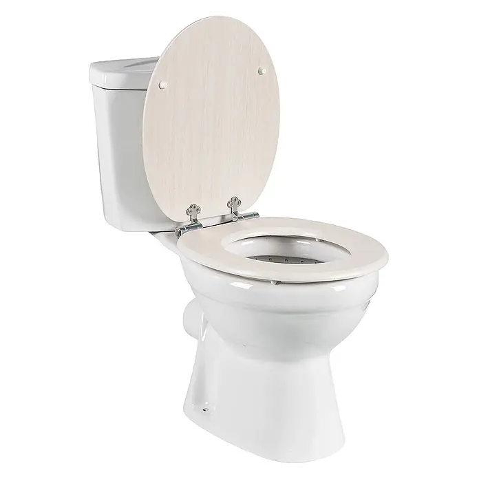 SAINOS WC-Sitz aus MDF, Beige Holzoptik, Universal-O-Form, Absenkautomatik - Soft-Close - Weißes Keramik-WC mit offenem hellen Holzsitz und Deckel.