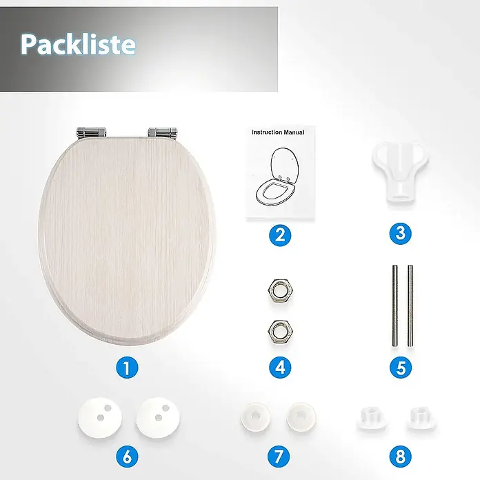SAINOS WC-Sitz aus MDF, Beige Holzoptik, Universal-O-Form, Absenkautomatik - Soft-Close - Heller Holz-Toilettensitz mit Scharnieren, Anleitung und Montageteilen (Muttern, Schrauben, Kunststoffkomponenten).